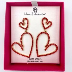 ♥️🔹️ House of Harlow 🔹️1960 red crystals embellished hearts hoop earrings